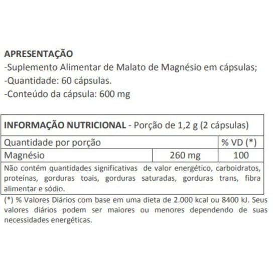 Malato De Magnésio 60 Cápsulas 600mg Sabor Neutro