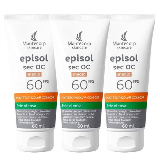 Mantecorp Episol Sec Oc Kit com 3 Unidades – Protetor Solar Facial com Cor FPS60 – Médio 60ml Kit