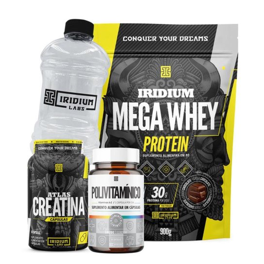 Mega Whey + Atlas Creatina 60 Caps + Polivitamínico 30 caps + Galão Cristal 1L