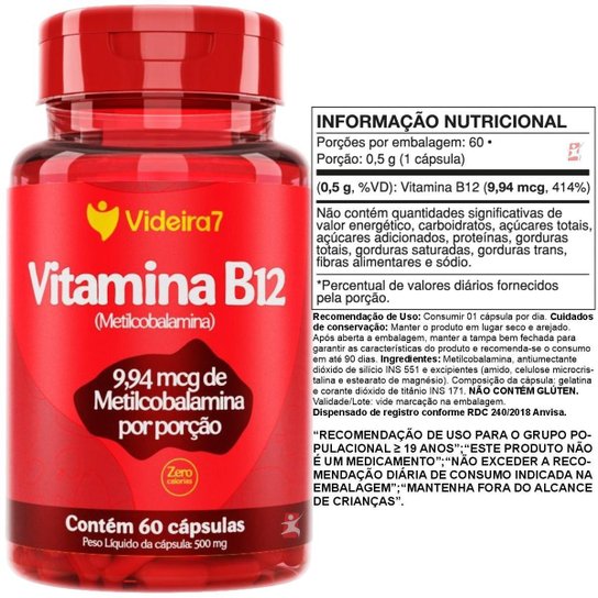 METILCOBALAMINA VITAMINA B12 APENAS 1 CÁPSULA AO DIA 414% DA IDR 60 CÁPSULAS - VIDEIRA 7