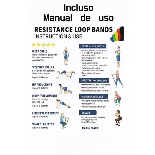 Mini Band Kit 5 Faixas Elásticas com Níveis de Resistência Para Exercícios e Reabilitação