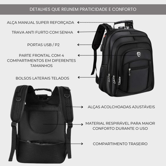Mochila Executiva Impermeável Notebook Faculdade Viagem Passeio Reforçada Anti Furto Casual 25L