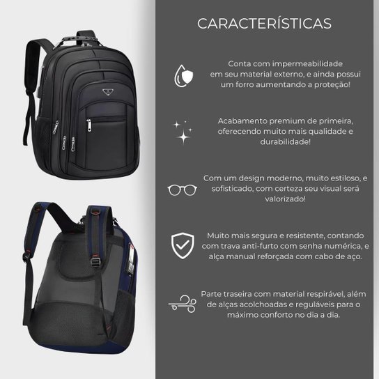 Mochila Executiva Notebook Impermeável Reforçada Senha Antifurto Faculdade Trabalho com Porta USB