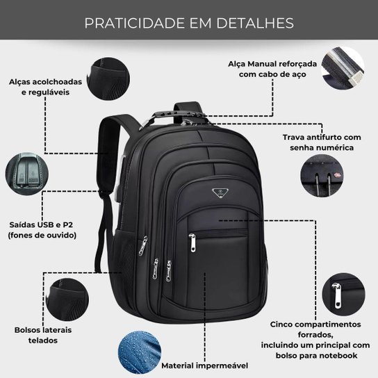 Mochila Executiva Notebook Impermeável Reforçada Senha Antifurto Faculdade Trabalho com Porta USB