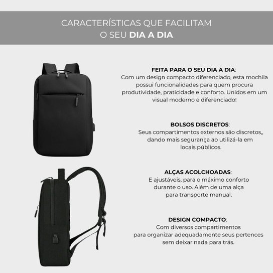 Mochila Executiva Notebook Slim Faculdade Trabalho Viagem Passeio Reforçada com Porta USB 15,6''