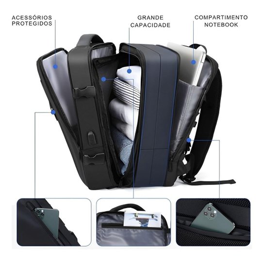 Mochila Expansível Notebook Viagem Impermeável Reforçada Antiroubo com Porta USB