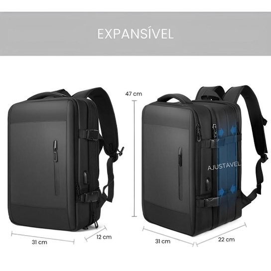 Mochila Expansível Notebook Viagem Impermeável Reforçada Antiroubo com Porta USB
