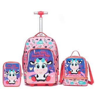 Mochila Infantil Vaquinha Bolsa Estojo Reforçado Lancheira Termica Grande