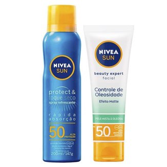 Nivea Kit – Protetor Solar Spray Protect & Toque Seco FPS50 200ml + Protetor Solar Facial Sun Beauty