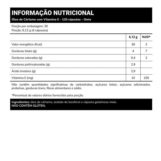 Óleo de Cártamo c/Vitamina E (1 g) - 120 Cápsulas - Omix