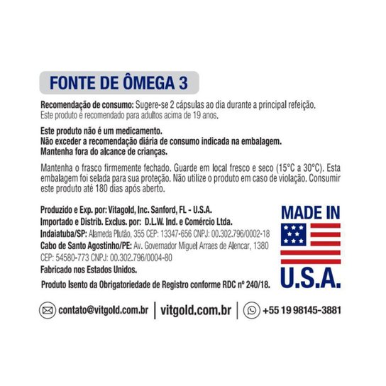 Omega 3 Fish Oil 1.000mg Vitgold 100 Cápsulas
