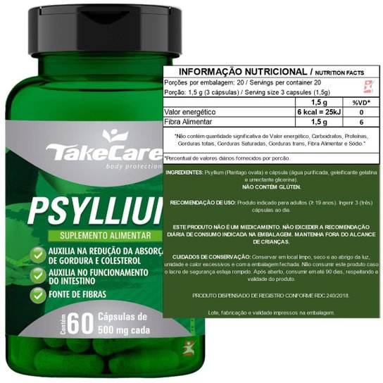 PSYLLIUM 500MG FIBRA ALIMENTAR 60 CÁPSULAS - TAKE CARE