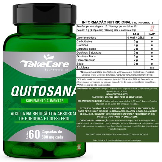 QUITOSANA 500MG 60 CÁPSULAS REDUZ A ABSORÇÃO DE GORDURAS – TAKE CARE