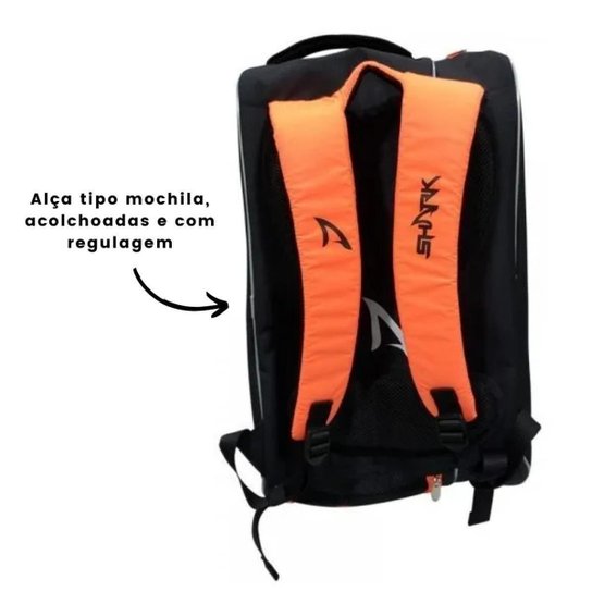 Raqueteira Beach Tennis Shark Com Bolso Termico Preta Laranja