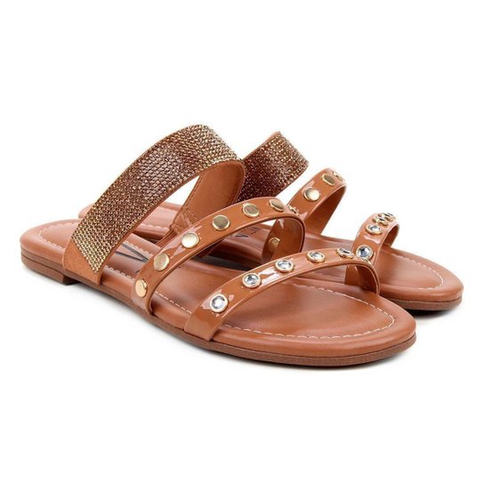 Rasteira Vizzano Multi Tiras Metal e Strass Feminina