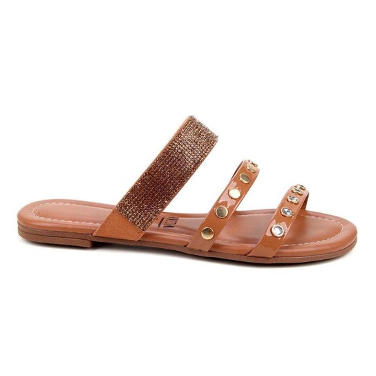 Rasteira Vizzano Multi Tiras Metal e Strass Feminina