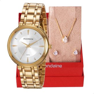 Relógio de Pulso Feminino Mondaine Cristais Prova D'Água 76758LPMVDE1K4 + Colar e Brincos