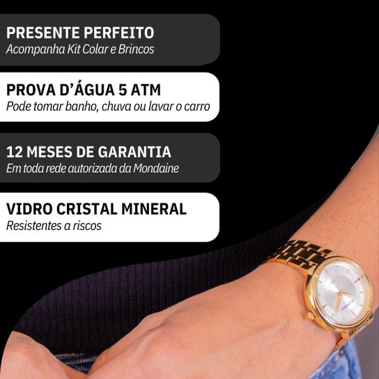 Relógio de Pulso Feminino Mondaine Cristais Prova D'Água 76758LPMVDE1K4 + Colar e Brincos