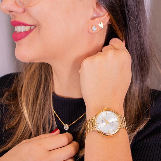 Relógio de Pulso Feminino Mondaine Cristais Prova D'Água 76758LPMVDE1K4 + Colar e Brincos