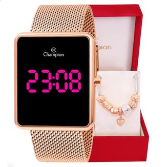 Relógio Feminino Champion Digital Quadrado Rosé CH40083H Led + Pulseira Berloques