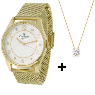 Relogio Pulso Champion Feminino Dourado + Colar