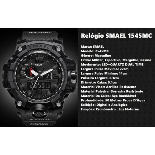 Relógio Smael 1545 Preto Total Modelo Militar Sport 739