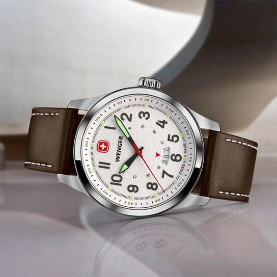 Relógio Suíço Wenger Terragraph Mostrador Branco Pulseira Couro Marrom 01.0541.120