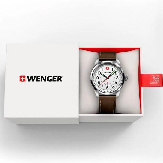 Relógio Suíço Wenger Terragraph Mostrador Branco Pulseira Couro Marrom 01.0541.120