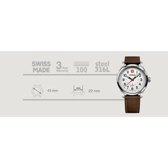 Relógio Suíço Wenger Terragraph Mostrador Branco Pulseira Couro Marrom 01.0541.120