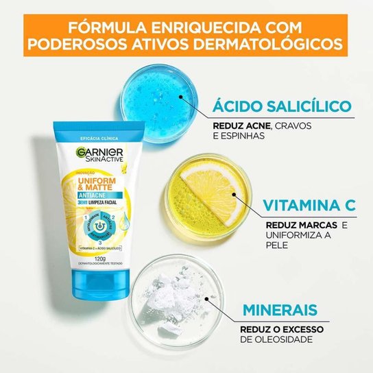 Sabonete Facial 3 em 1 Garnier Skin Uniform & Matte Antiacne 120g