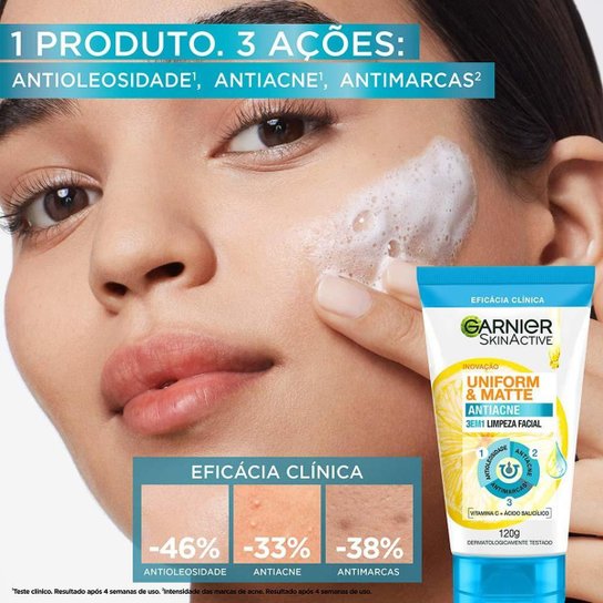 Sabonete Facial 3 em 1 Garnier Skin Uniform & Matte Antiacne 120g