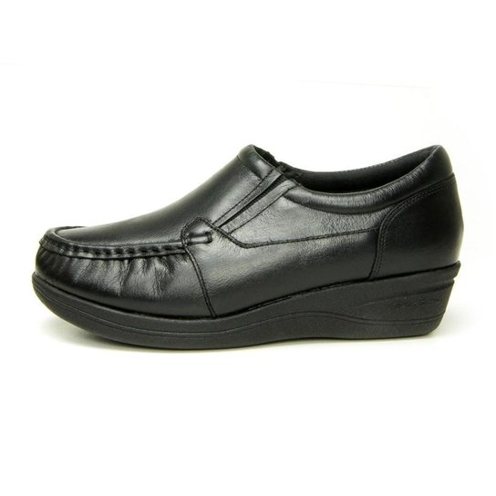 SAPATO PIERRÔ FEMININO ORTOPÉDICO ELÁSTICO COURO BOI PRETO