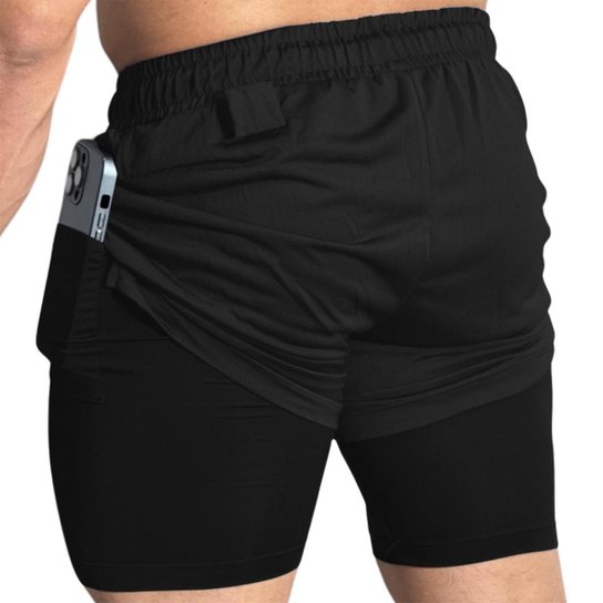 Short Treino Térmico 2 em 1 com Bolso Porta-Toalha Calção Fitness Academia