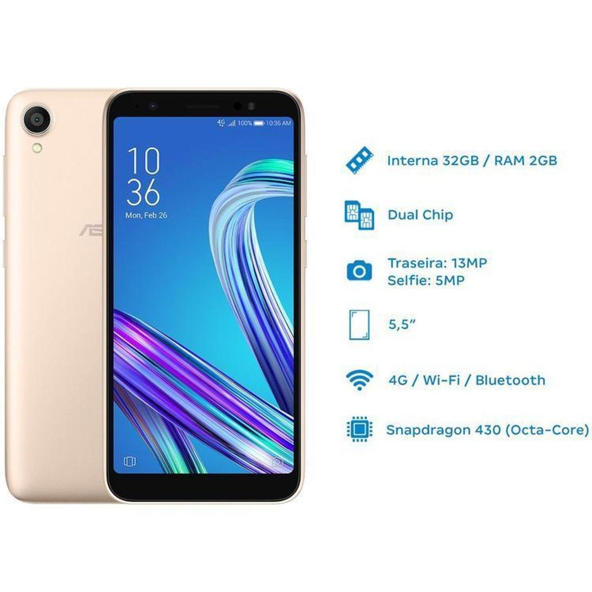 Smartphone Asus ZenFone Live (L1) 32GB Gold 4G | Allianz Parque Shop