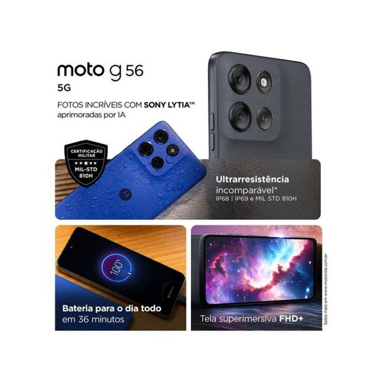 Smartphone Motorola G56 256GB 5G 8GB de RAM 6,7" Full HD+ Câm. Dupla + Selfie 32MP