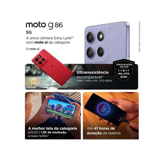 Smartphone Motorola G86 256GB 5G 16GB de RAM 6,7" Câm. Dupla + Selfie 32MP
