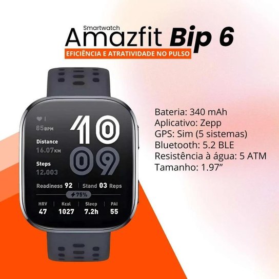 Smartwatch Bip 6 Amazfi Bip 6 GPS com 5 Sist de Satélite e Bluetooth 5.2