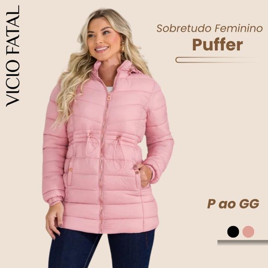 Sobretudo Casaco Puffer Nylon Bobojaco Feminino Plus Com Capuz