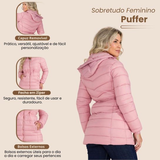 Sobretudo Casaco Puffer Nylon Bobojaco Feminino Plus Com Capuz
