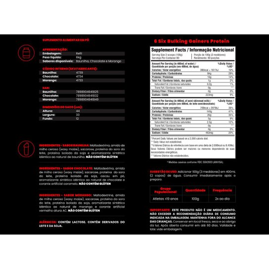 SUPER KIT 6 Six Bulking 6kg + 6 Six Whey Protein 900g + 6 Six Lipo Black 120 caps + Coq - BB
