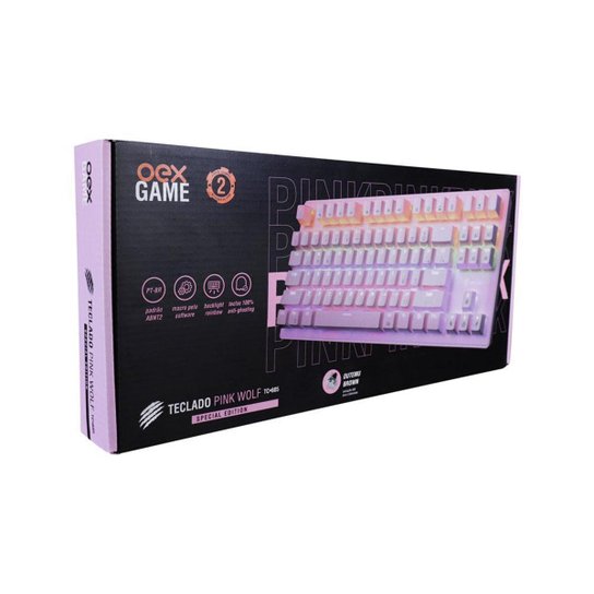 Teclado Gamer Mecanico Wolf Led Rainbow OEX Game TC605 Pink