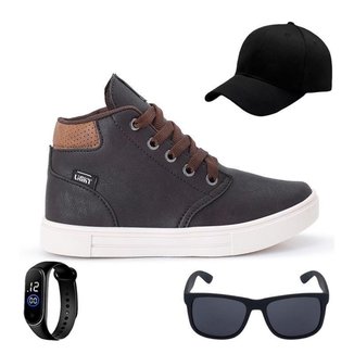 Tênis Botinha Infantil Masculino Casual Cano Alto Confortavel + Bone + Oculos + Relogio