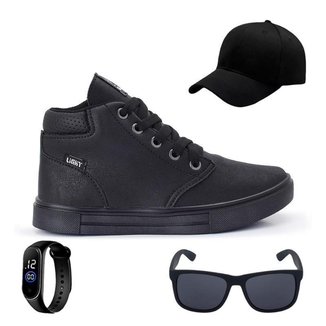 Tênis Botinha Infantil Masculino Casual Cano Alto Confortavel + Bone + Oculos + Relogio