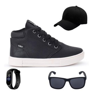 Tênis Botinha Infantil Masculino Casual Cano Alto Confortavel + Bone + Oculos + Relogio