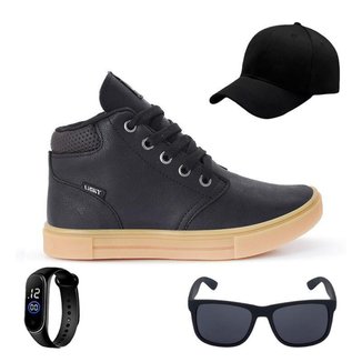 Tênis Botinha Infantil Masculino Casual Cano Alto Confortavel + Bone + Oculos + Relogio