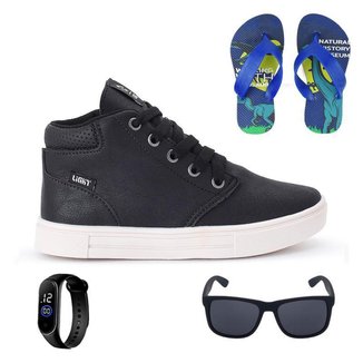 Tênis Botinha Infantil Masculino Casual Cano Alto Confortavel + Chinelo + Oculos + Relogio