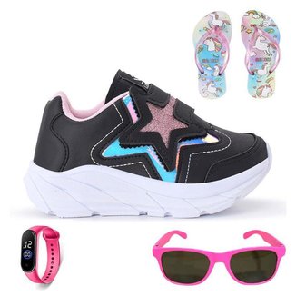 Tênis Casual Infantil Feminino Estrela Glitter Calce Facil + Chinelo + Oculos + Relogio