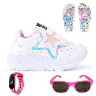Tênis Casual Infantil Feminino Estrela Glitter Calce Facil + Chinelo + Oculos + Relogio
