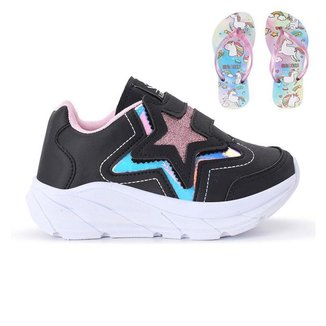 Tênis Casual Infantil Feminino Estrela Glitter Calce Facil + Chinelo