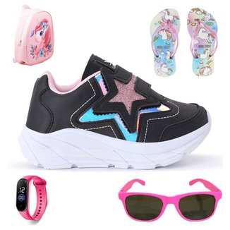 Tênis Casual Infantil Feminino Estrela Glitter Calce Facil + Mochila + Chinelo  + Oculos + Relogio